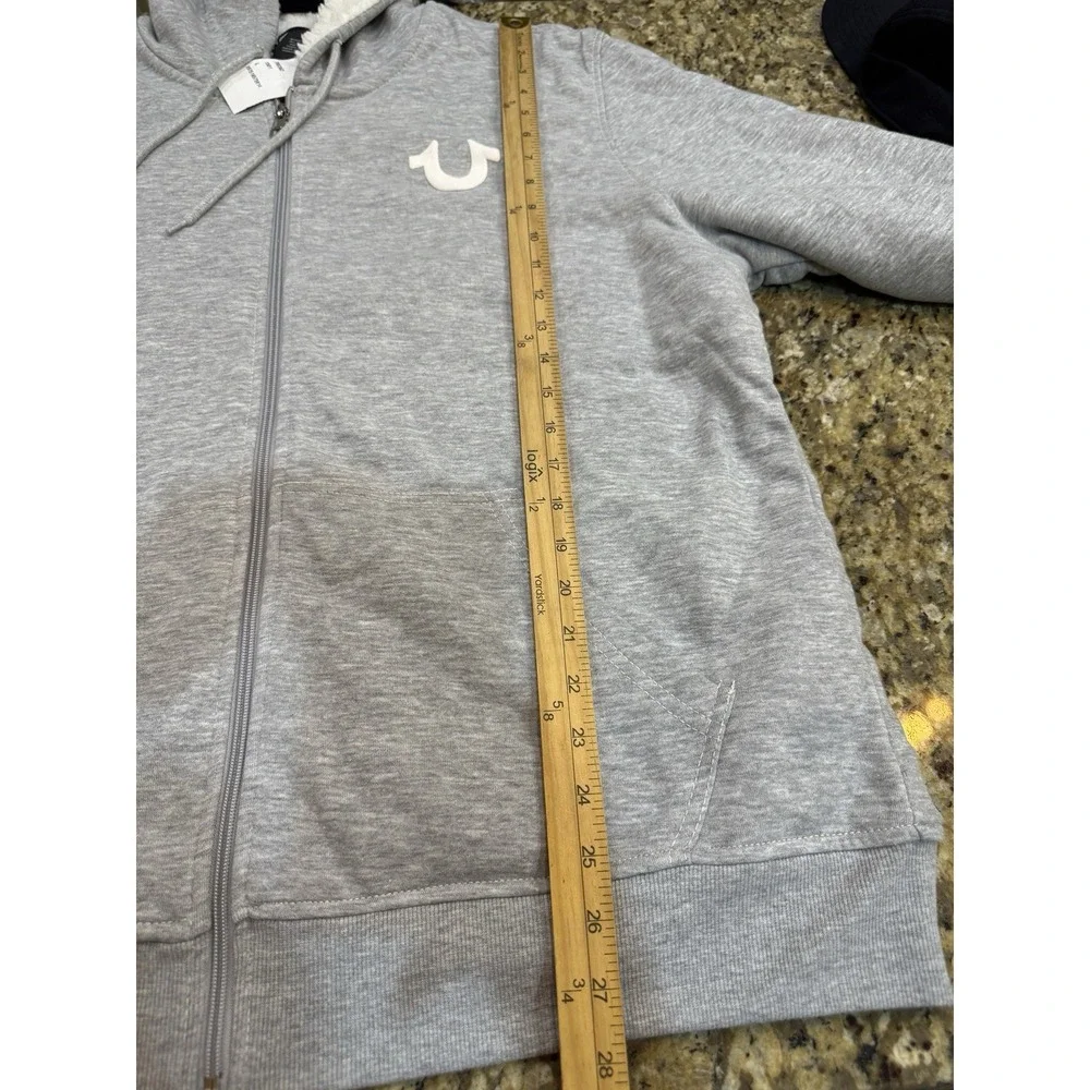 True Religion Sherpa Print Logo Seal Full Zip Hoodie in heather grey Size Large